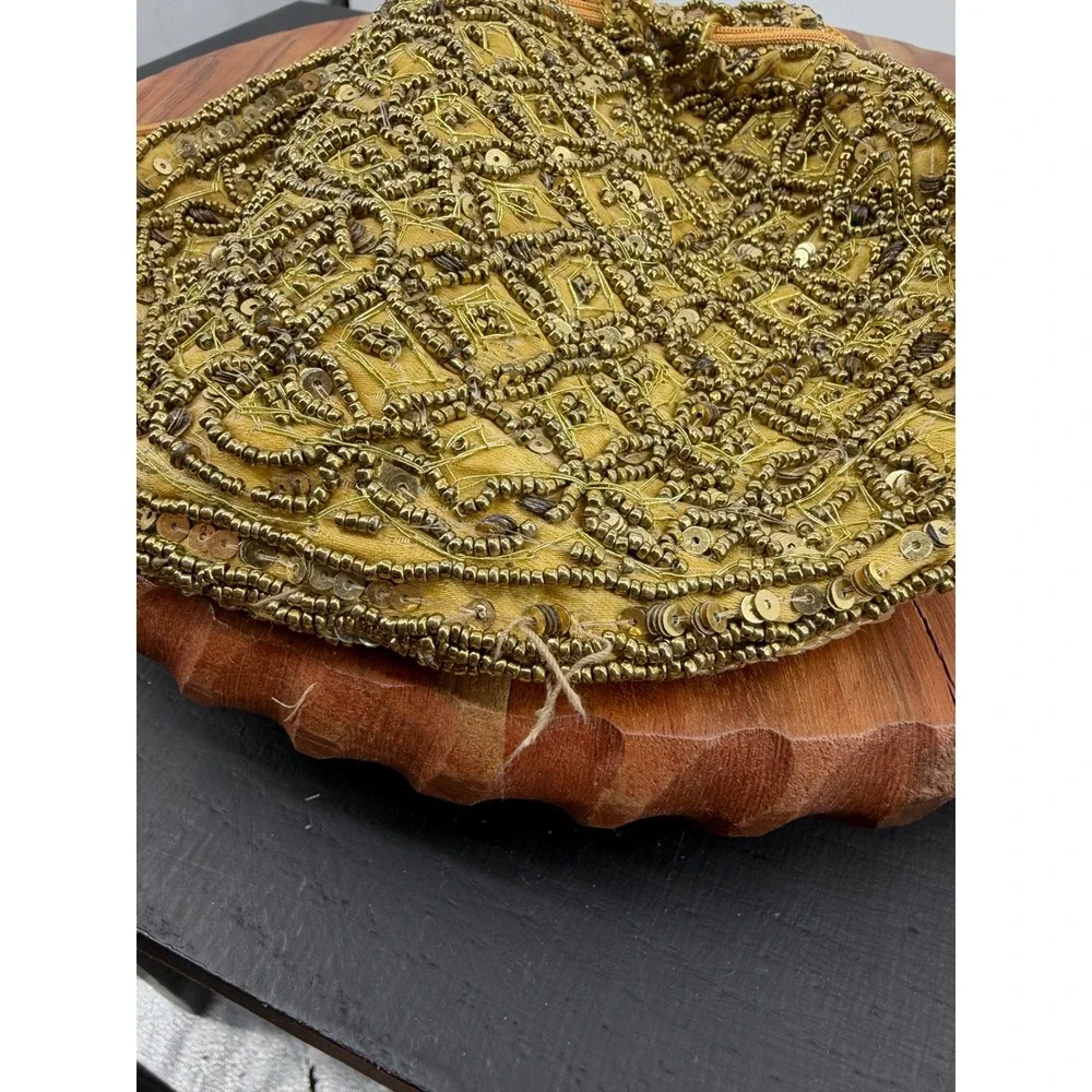 Unbranded Beaded Drawstring Pouch Bag Women Small Gold Sequin Evening Purse